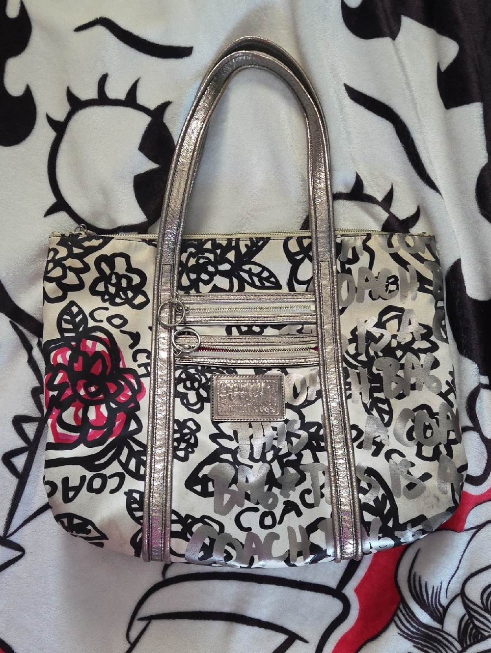 Coach Poppy Silver Metallic Floral Graffiti Large Tote Purse with Pink Accent